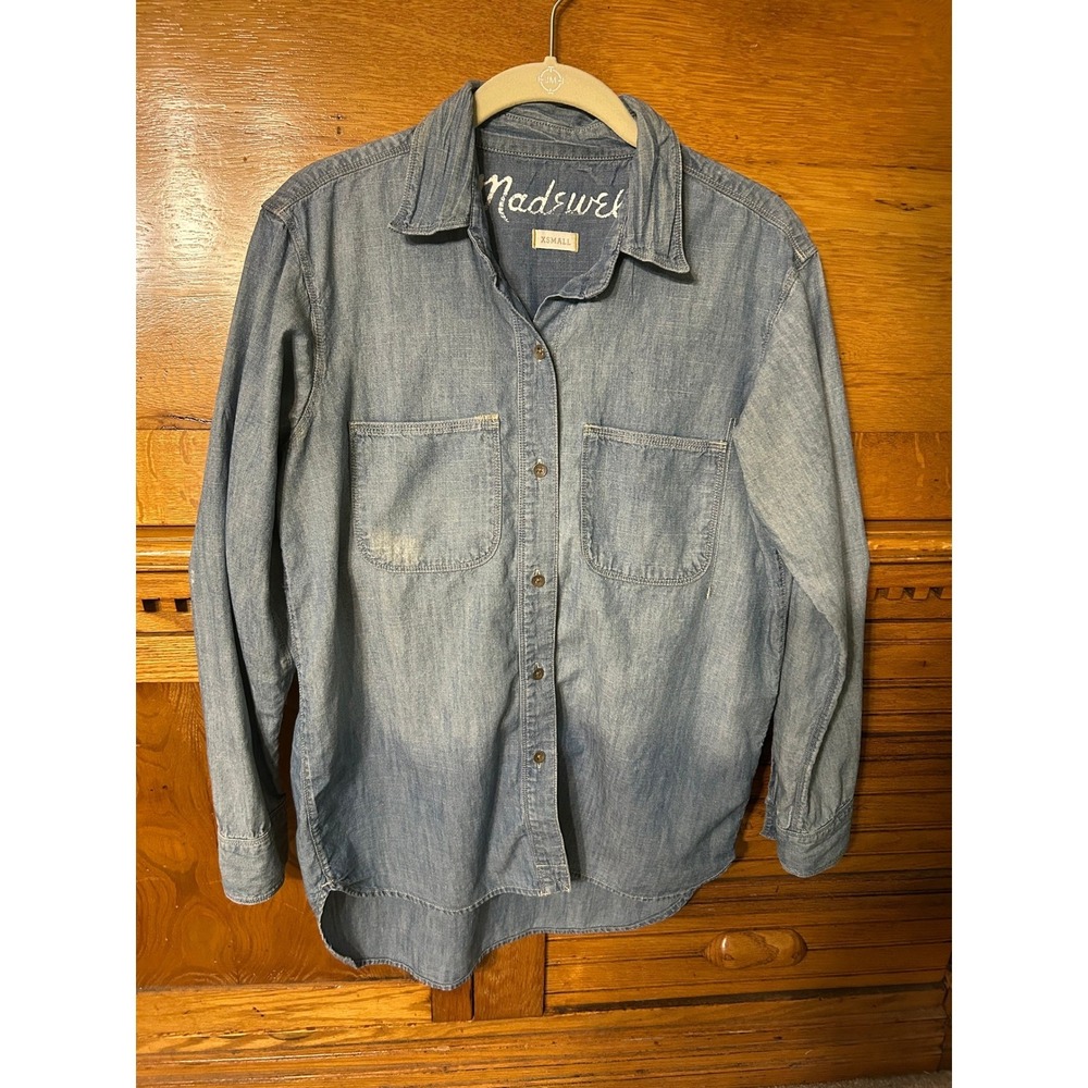 Madewell Clean Girl Chambray Button Down Shirt Distressed Denim Long Sleeve